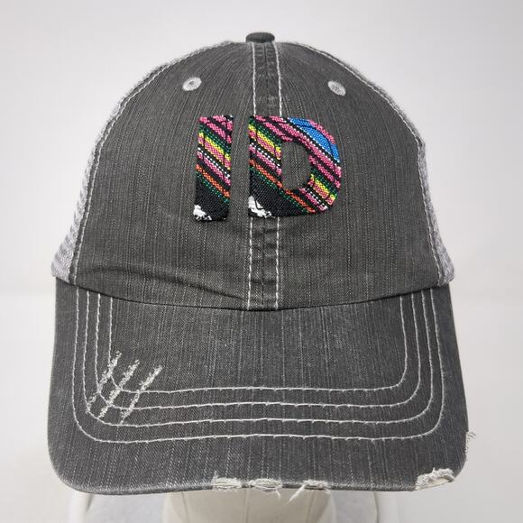 ID Strapback Trucker Hat Gray One Size Adjustable Mesh Back Distressed 6 Panel - Picture 2 of 9